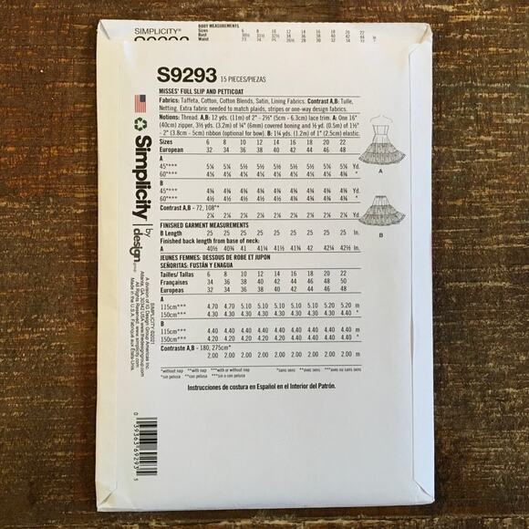 Simplicity Sewing Pattern S9293 Full Slip Petticoat Crinoline Retro 14-22 UNCUT - Picture 2 of 3